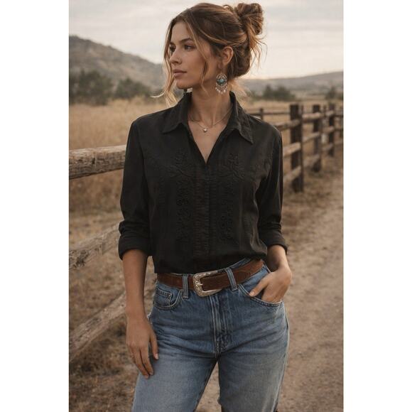 Scully Tops - Scully Black Embroidered Western Blouse Fitted Waist 3/4 Sleeves Boho Rodeo XL